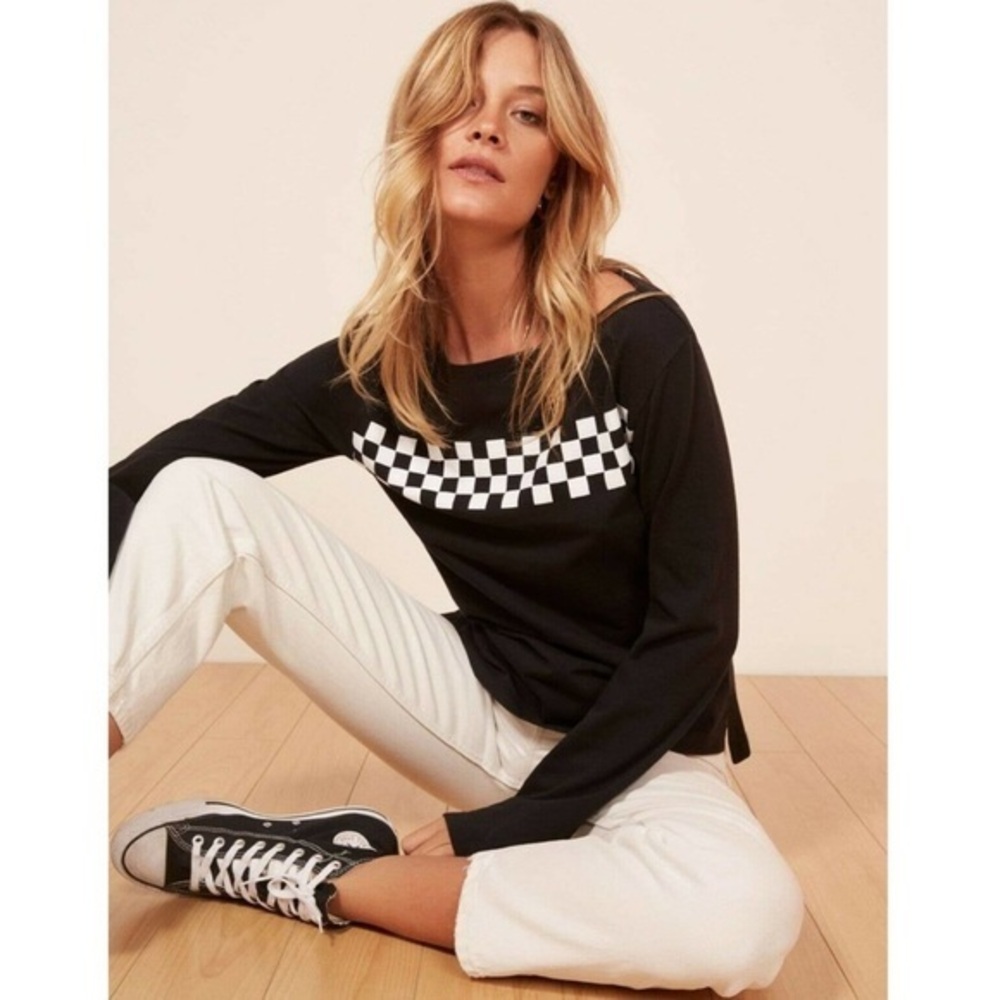 Reformation Black Long Sleeve Tee with White Checkerboard